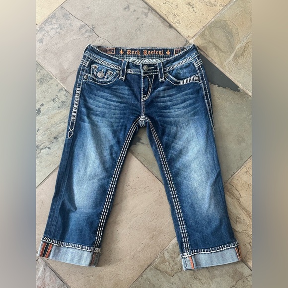 Rock Revival Dark Wash Capri Jeans Western Y2K Embroidered Denim Women’s 27 - Picture 2 of 6